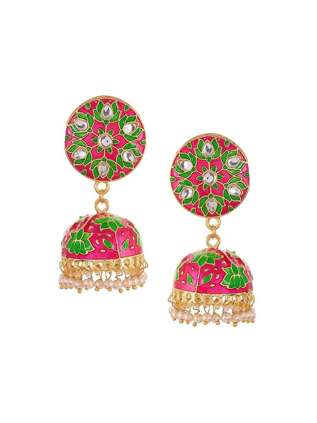 

Kezlin Gold-Plated Kundan Studded Dome Shaped Jhumkas, Pink