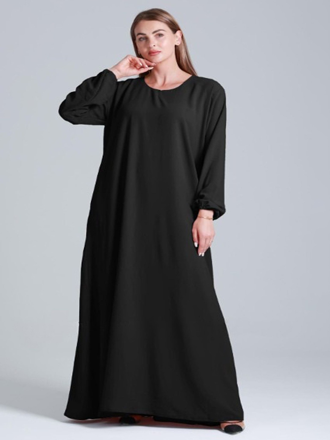 

BROKE BRAND Round Neck Modest Plain Abaya With Hijab, Black