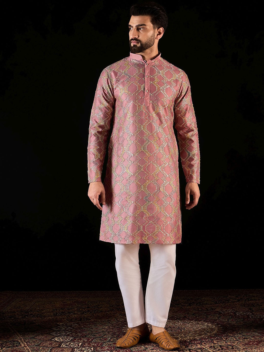 

Anouk Peach Geometric Embroidered Mandarin Collar Sequinned Pure Silk Straight kurta