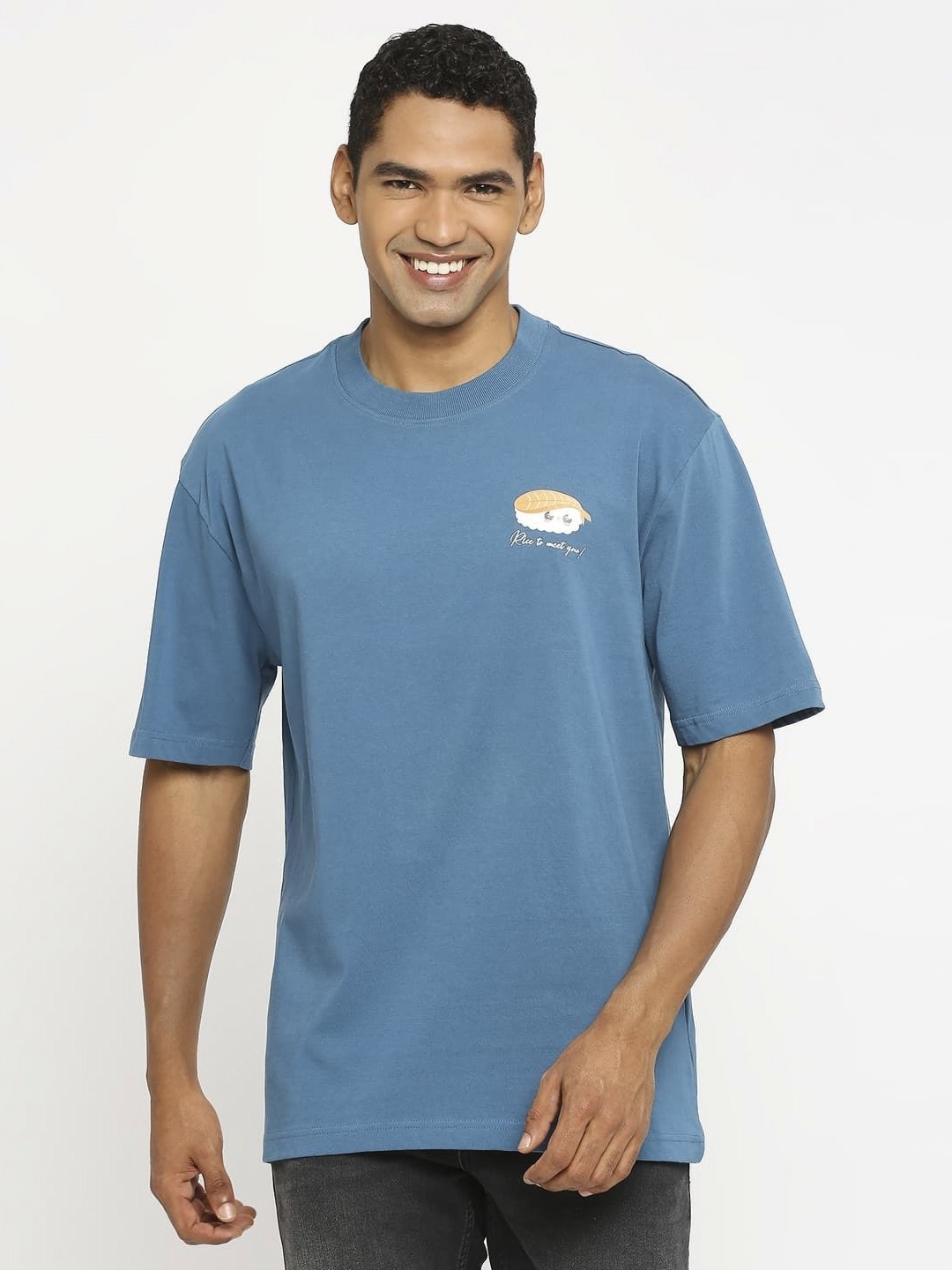 

Basics Men Graphic Printed Round Neck Cotton Relaxed Fit T-shirt, Blue