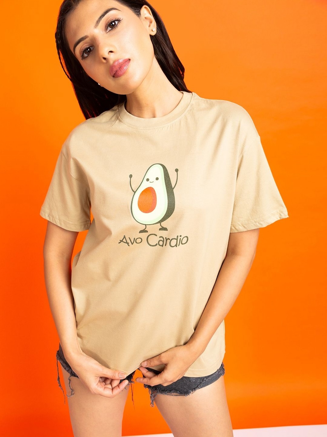 

Mast & Harbour Women Graphic Printed Round Neck Cotton T-shirt, Beige