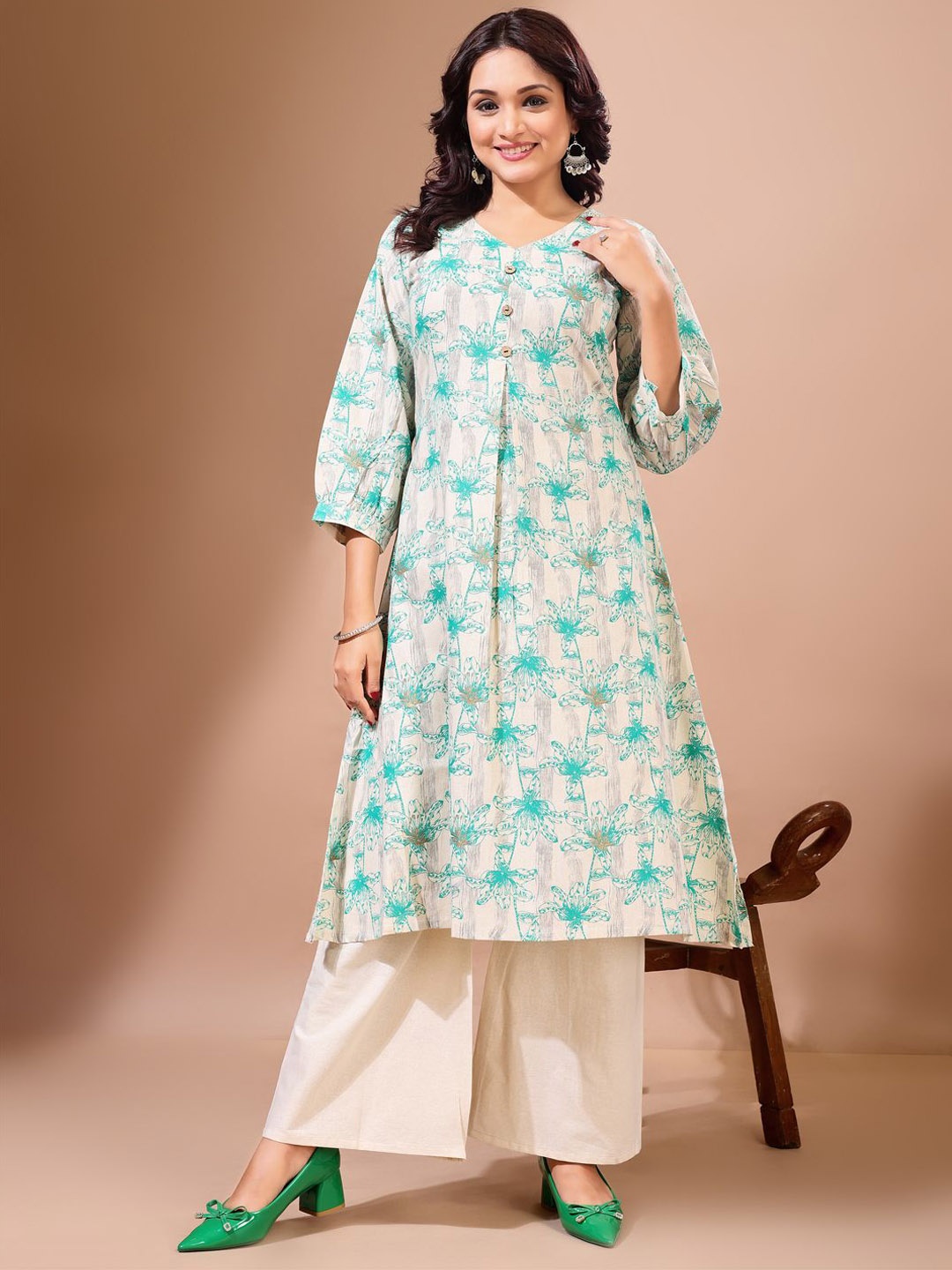 

KALINI Floral Printed Pure Cotton V-Neck A-Line Kurta With Palazzos, White