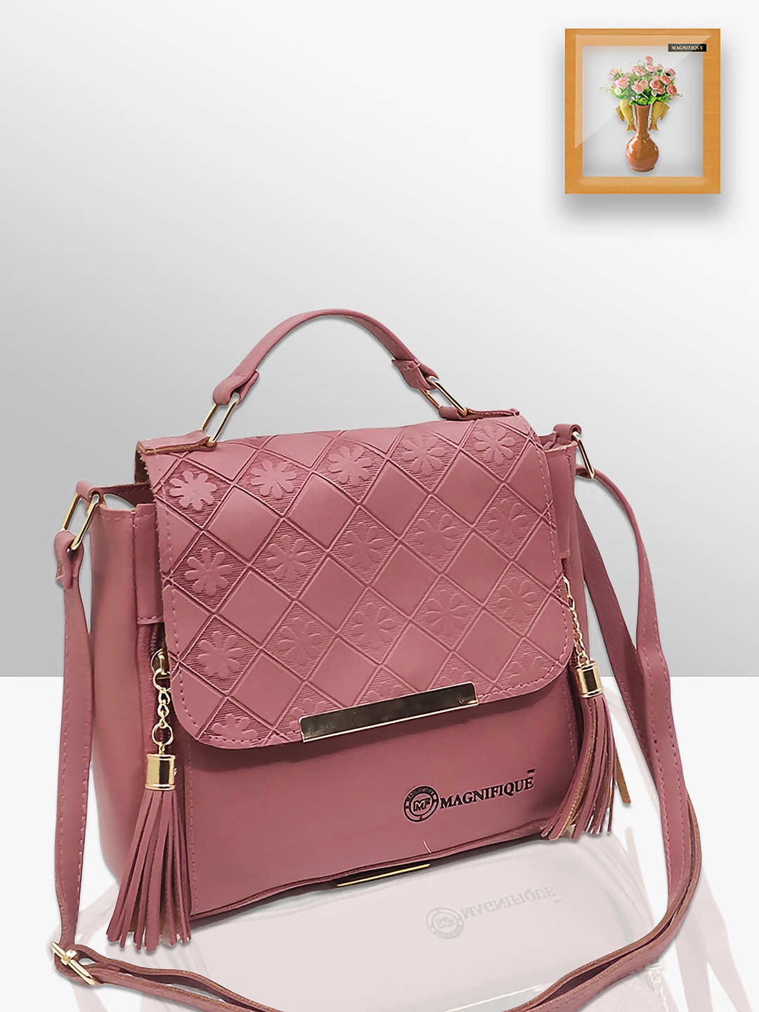 

MAGNIFIQUE Textured PU Sling Bag, Beige
