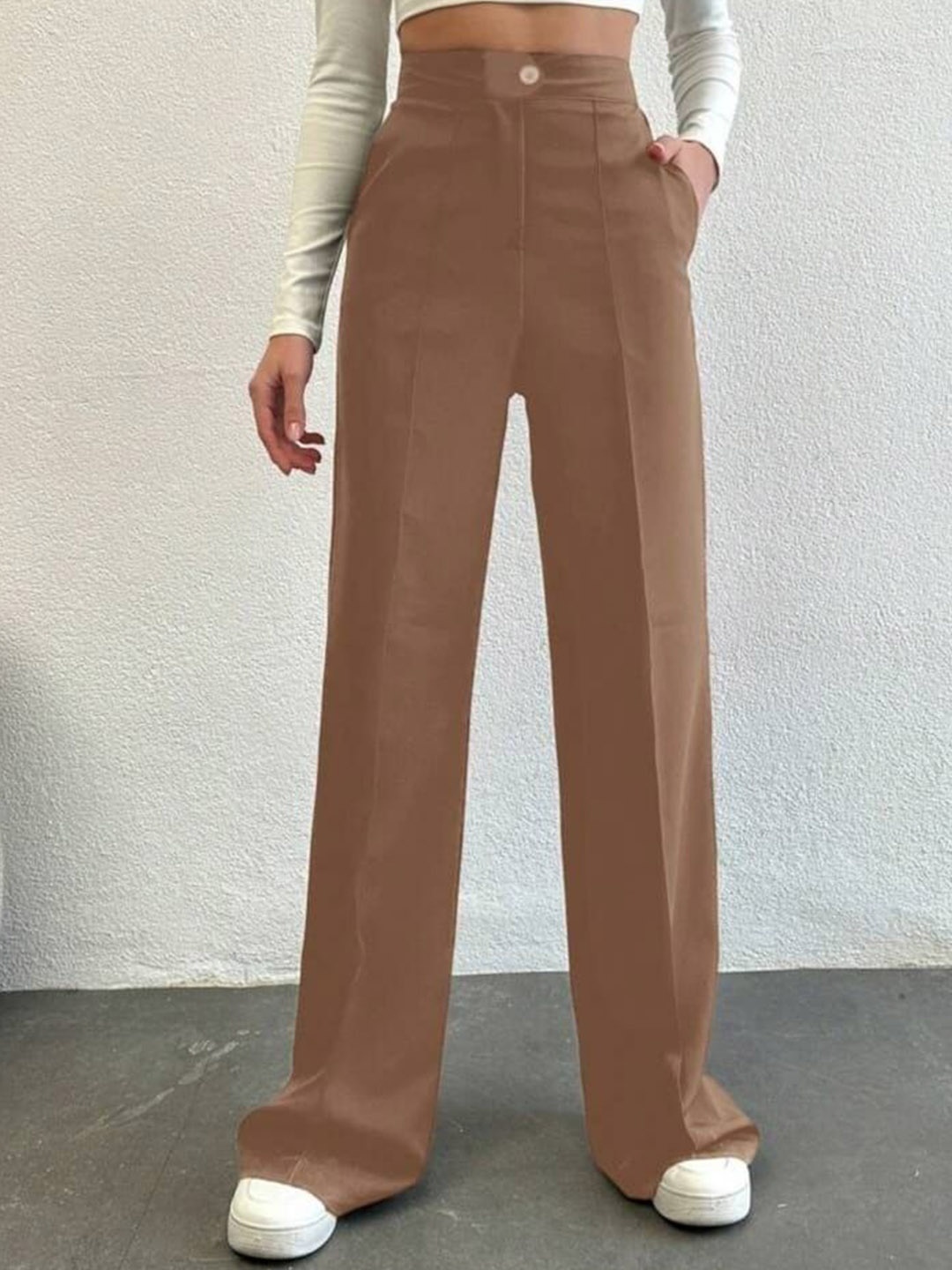 

Next One Women Smart Straight Fit High-Rise Easy Wash Pleated Trousers, Brown