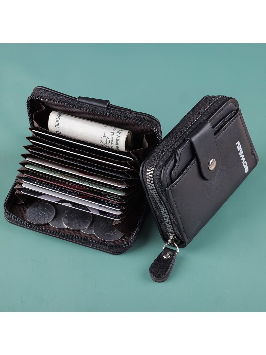 

WATCHSTAR Men Zip Detail Leather Card Holder, Black