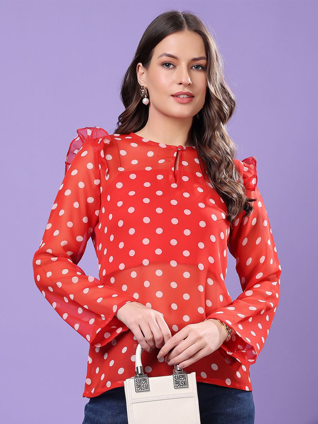 

Moda Rapido Polka Dot Print Keyhole Neck Bell Sleeve Georgette Tube Top, Red