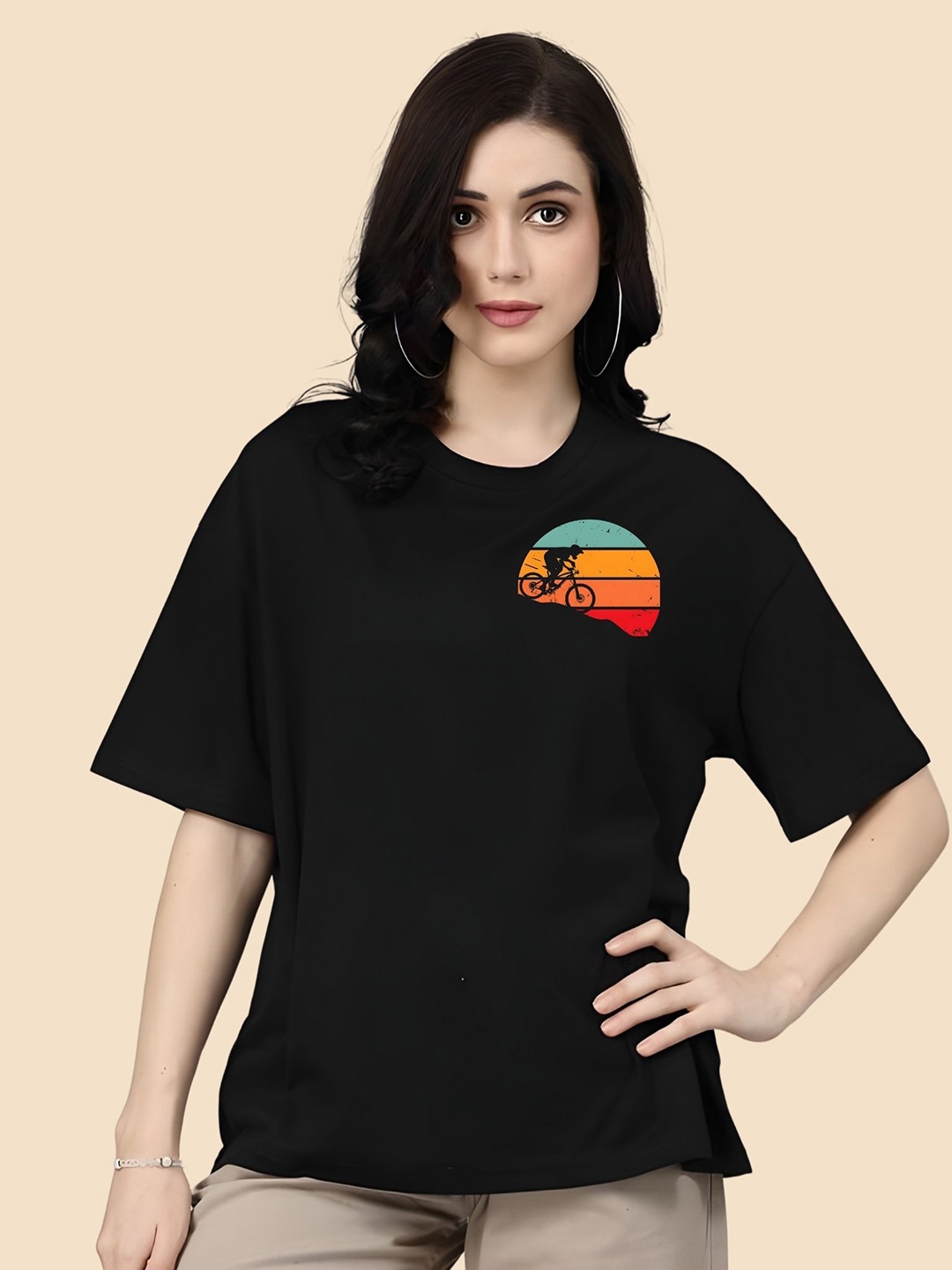 

SZN Women Graphic Printed Round Neck Cotton Oversized T-shirt, Black