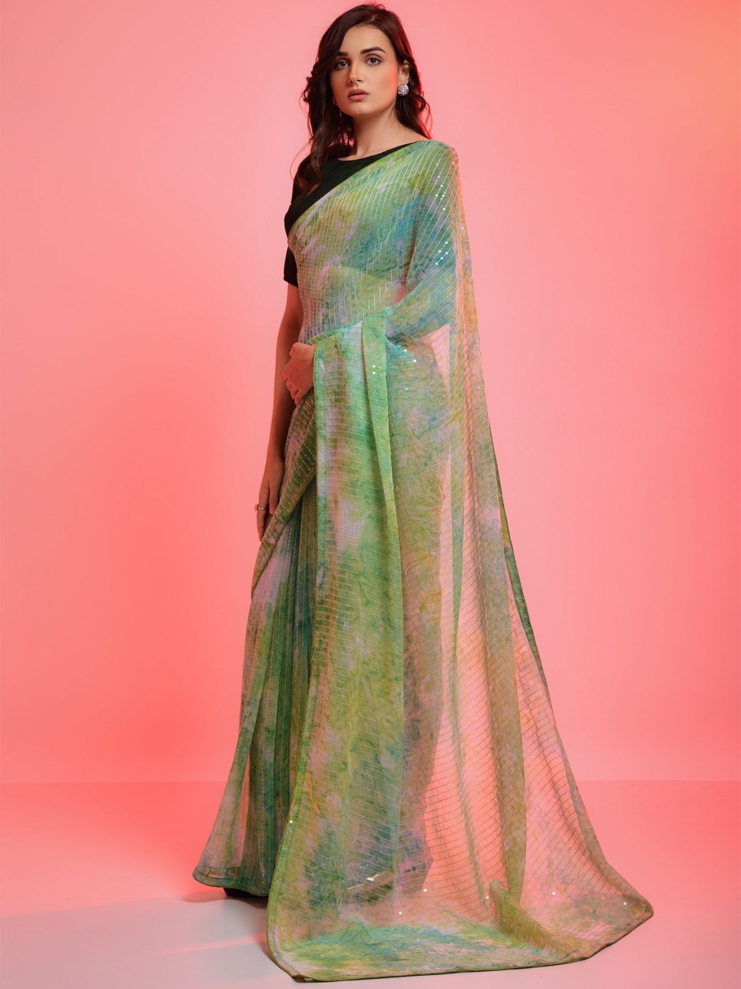 

DIVASTRI Striped Sequinned Poly Chiffon Saree, Green