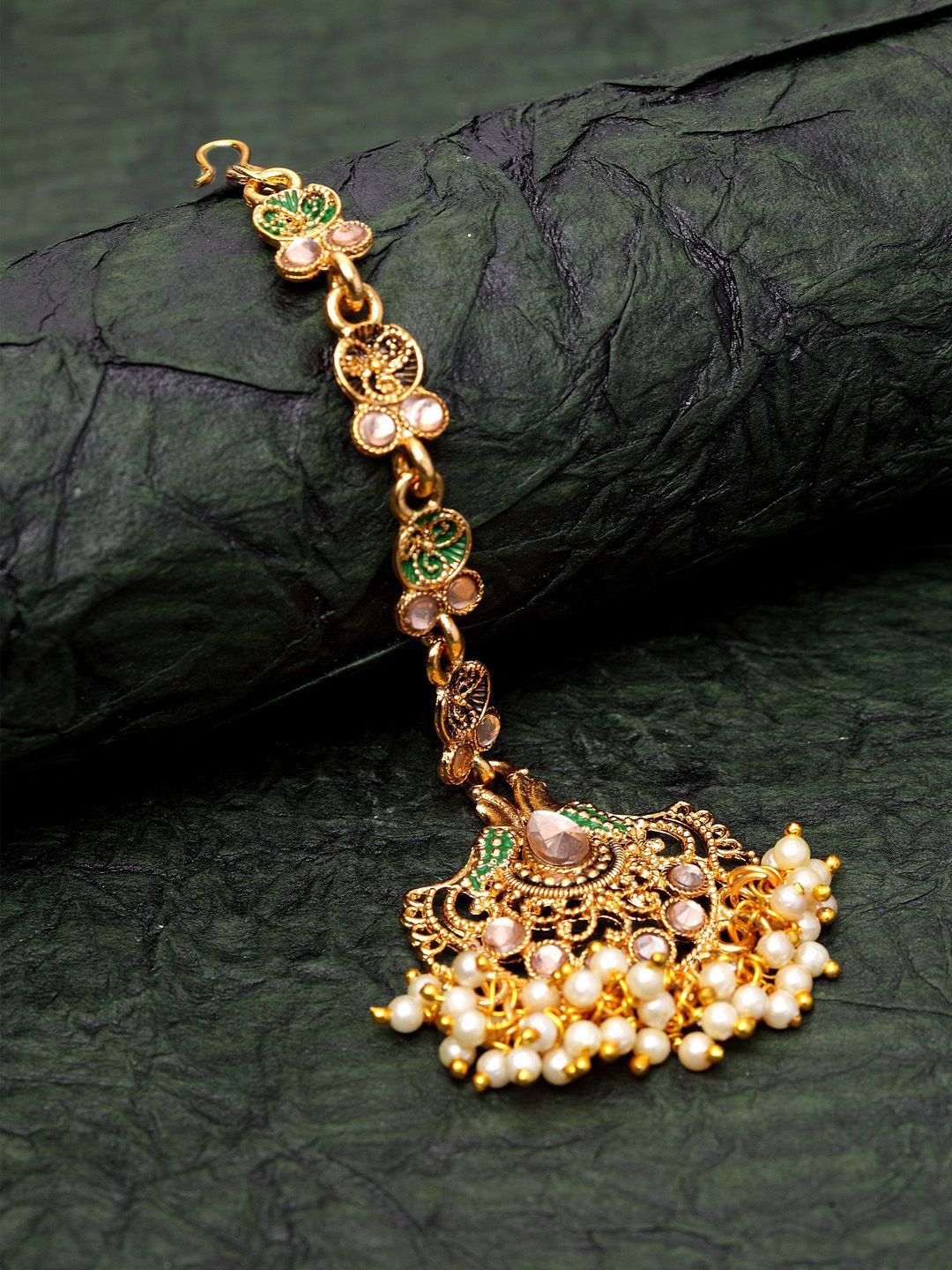 

Anouk Gold-Plated Kundan Studded & Pearls Beaded Enamelled Maang Tikka