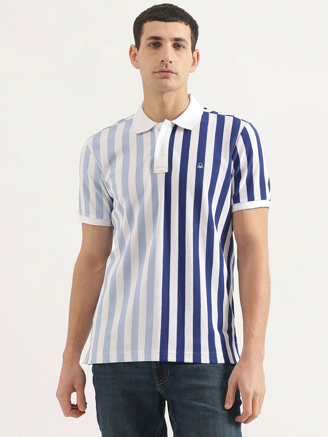

United Colors of Benetton Men Striped Polo Collar Cotton T-shirt, Navy blue