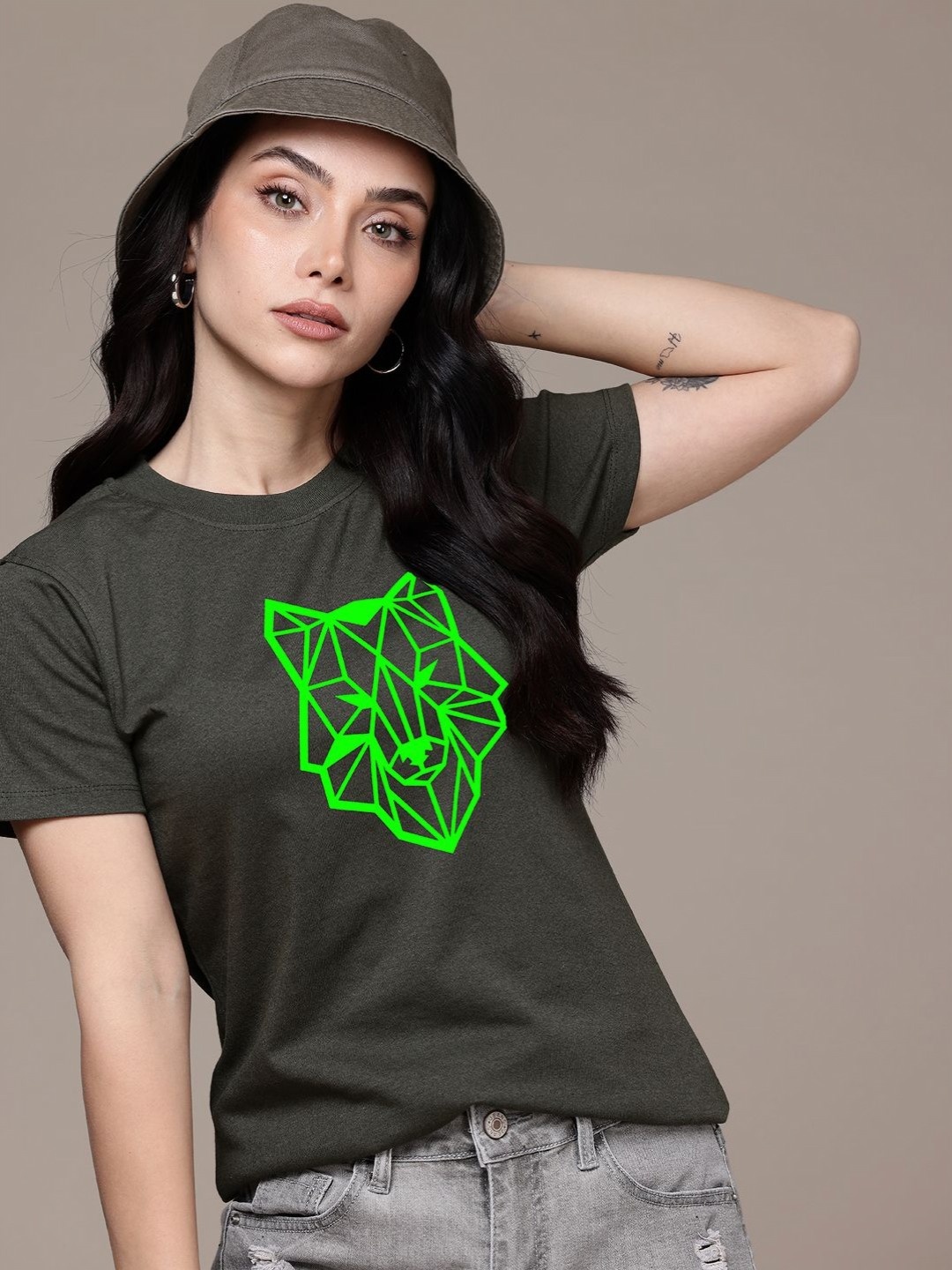 

Moda Rapido Women Graphic Printed Round Neck Regular Fit Cotton T-shirt, Olive