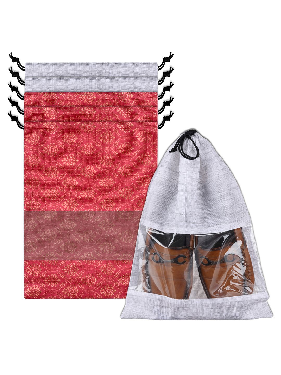 

Kuber Industries Grey and Red 6 Pieces Printed Shoe Cover Bags
