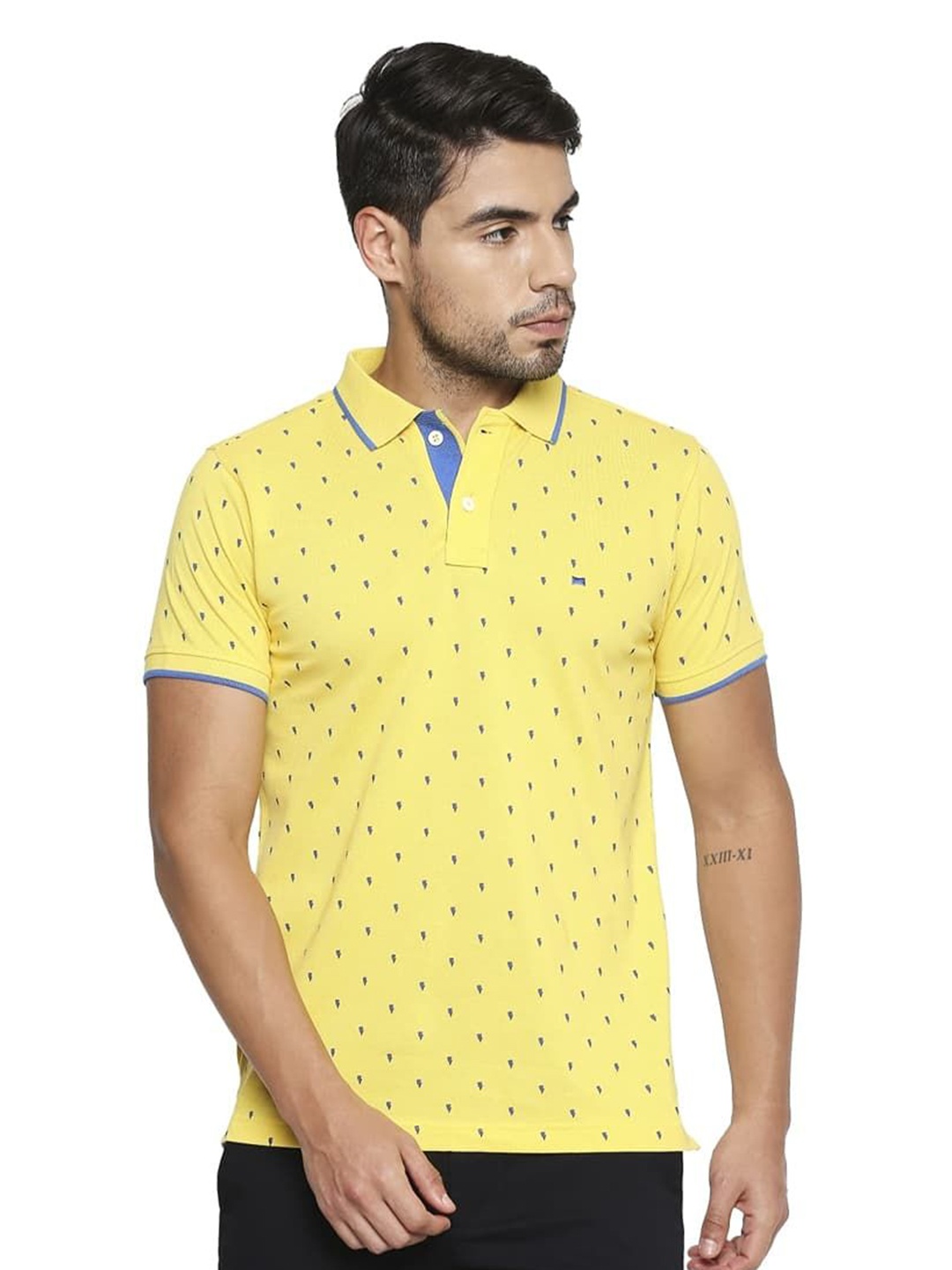 

Basics Men Abstract Printed Polo Collar Cotton Slim Fit T-shirt, Yellow