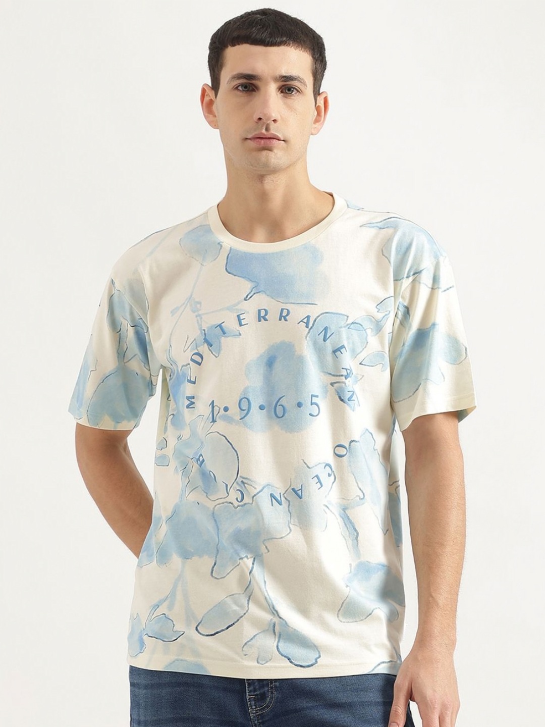 

United Colors of Benetton Men Floral Printed Round Neck Cotton T-shirt, White