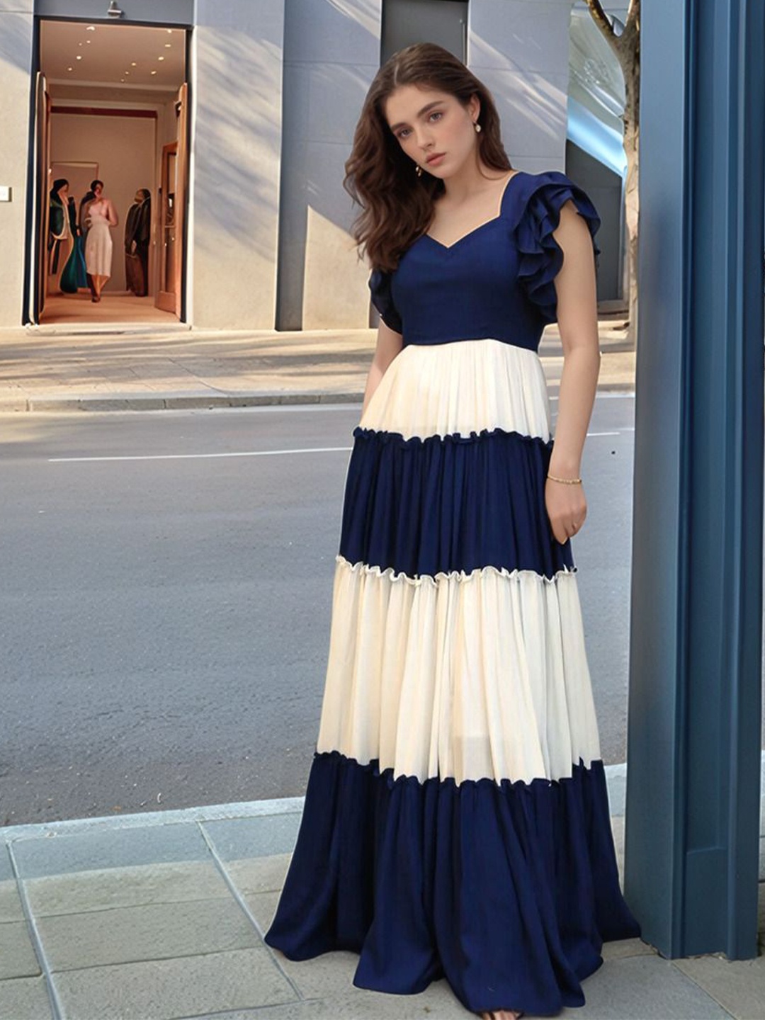 

CORSICA Women Colourblocked Gathered Tiered Cotton Fit & Flare Maxi Dress, Blue
