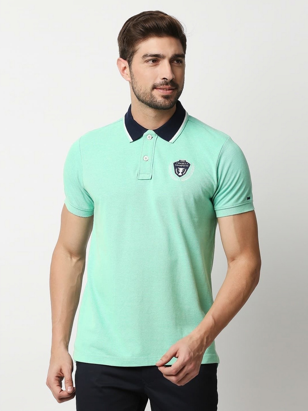 

Basics Men Solid Polo Collar Cotton Boxy T-shirt, Green