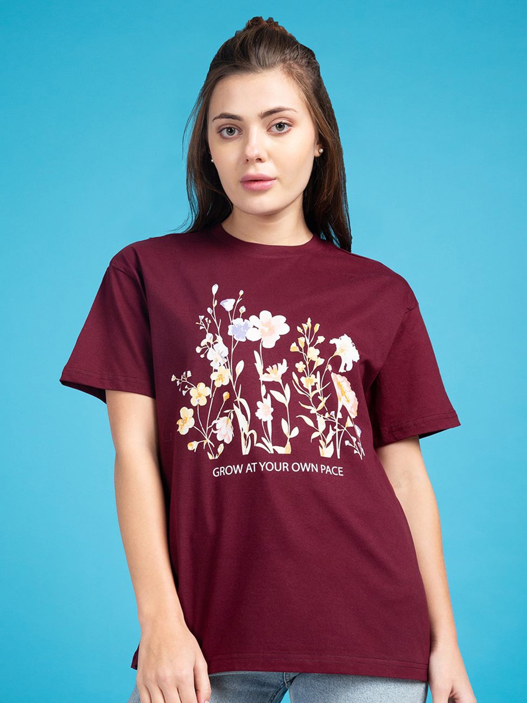 

Mast & Harbour Women Floral Printed Round Neck Cotton T-shirt, Burgundy