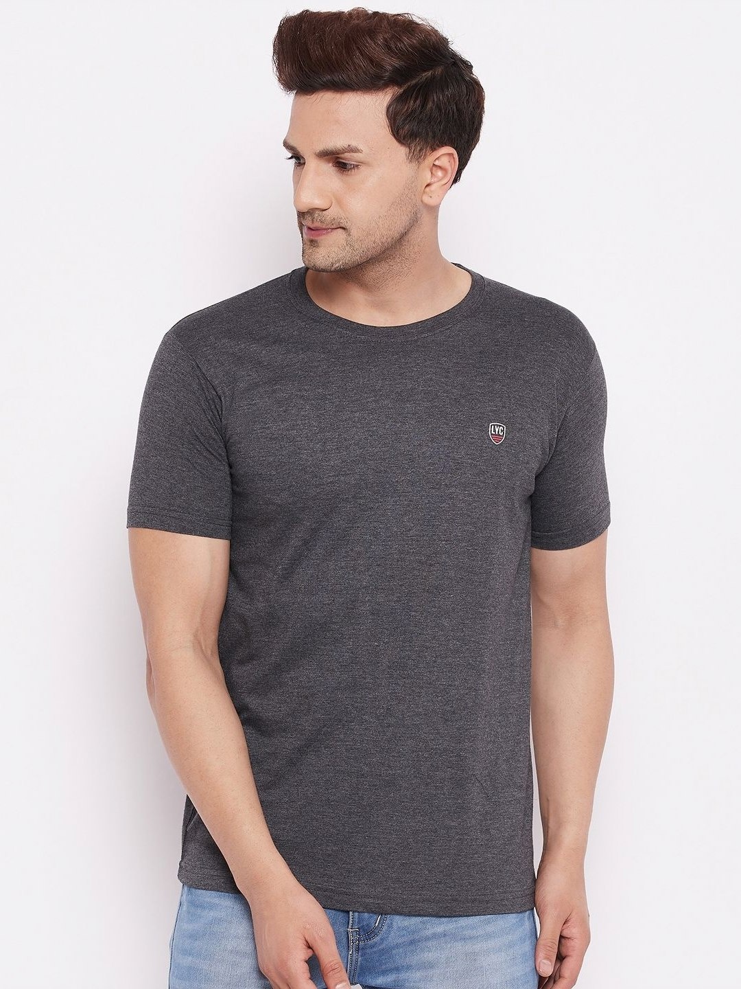 

LYCOS Men Solid Round Neck Cotton T-shirt, Grey
