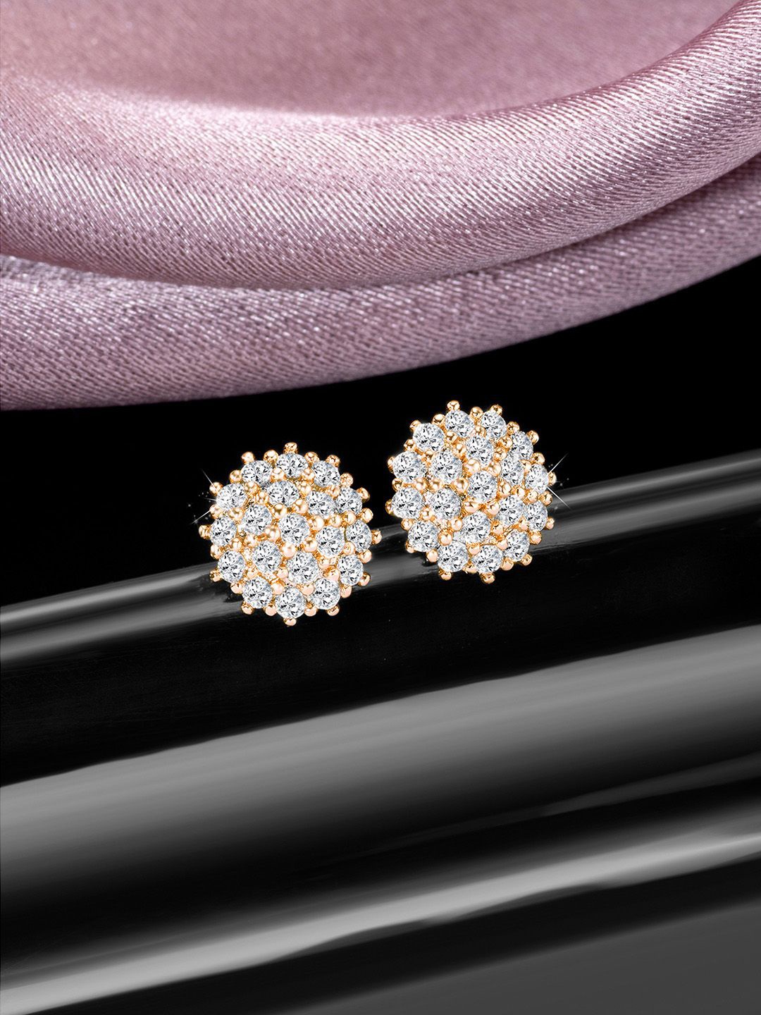 

Peora Gold Plated Cubic Zirconia Studded Contemporary Shaped Studs With Red Rose