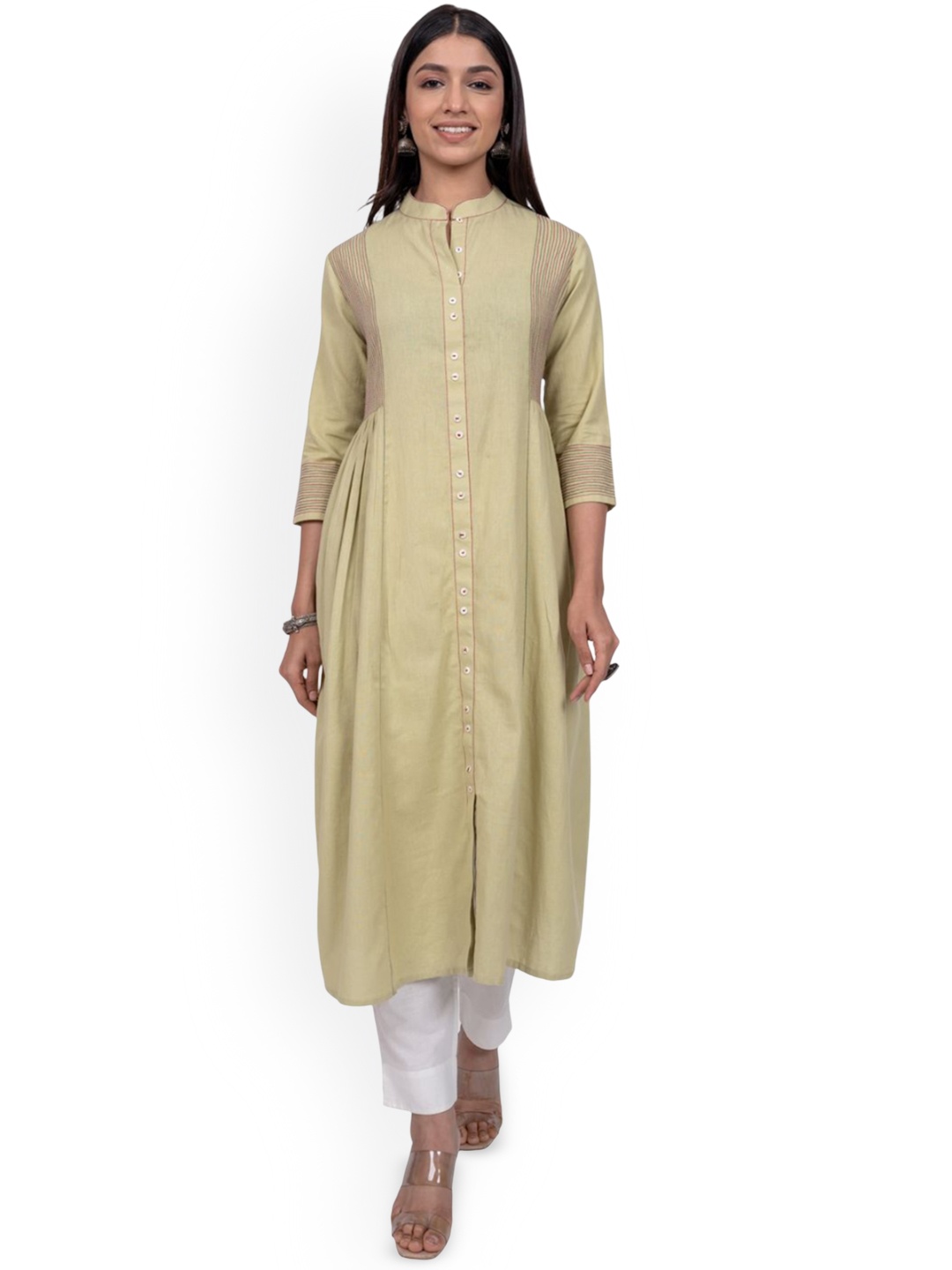 

INDIE JHOLA Pleated Mandarin Collar Pure Cotton A-Line Kurta, Green