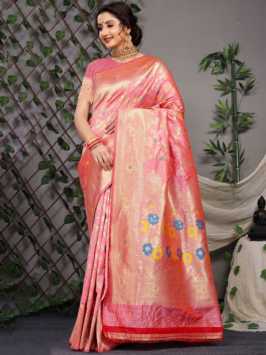 

Kandora Ethnic Motifs Zari Pure Silk Banarasi Saree, Peach