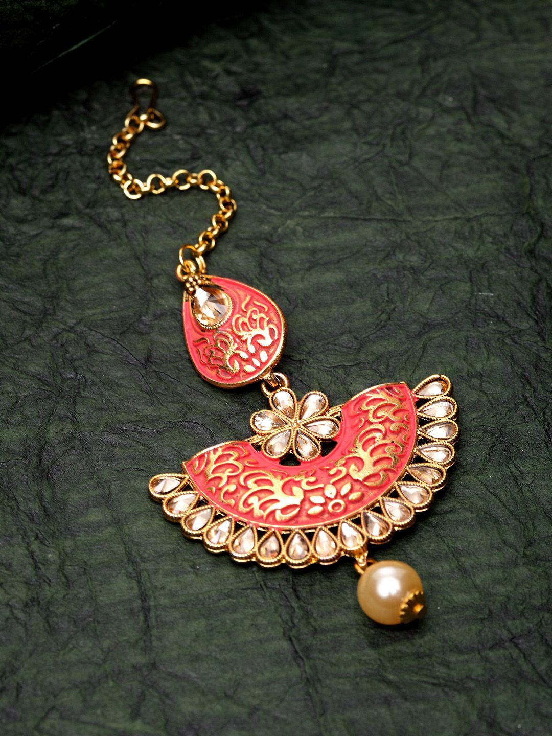 

Anouk Gold-Plated Artificial Stones Studded and Beaded Enamelled Maang Tikka