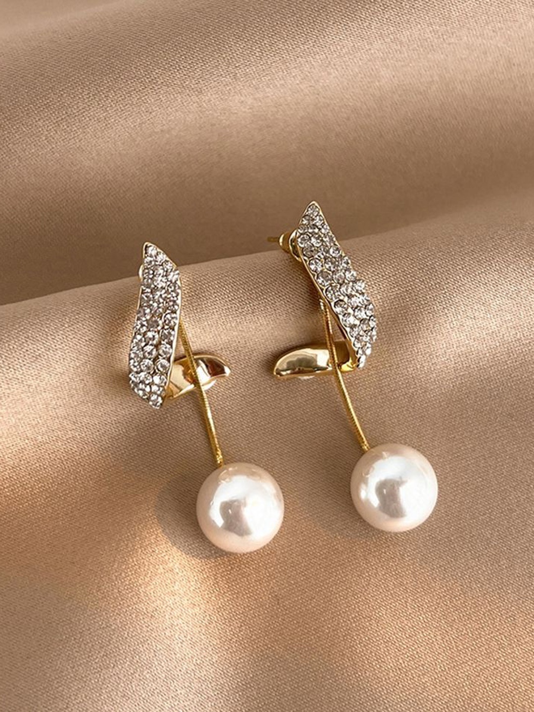 

Celestique Artificial Stone Studded And Pearls Beaded Contemporary Korean Drop Earrings, Gold
