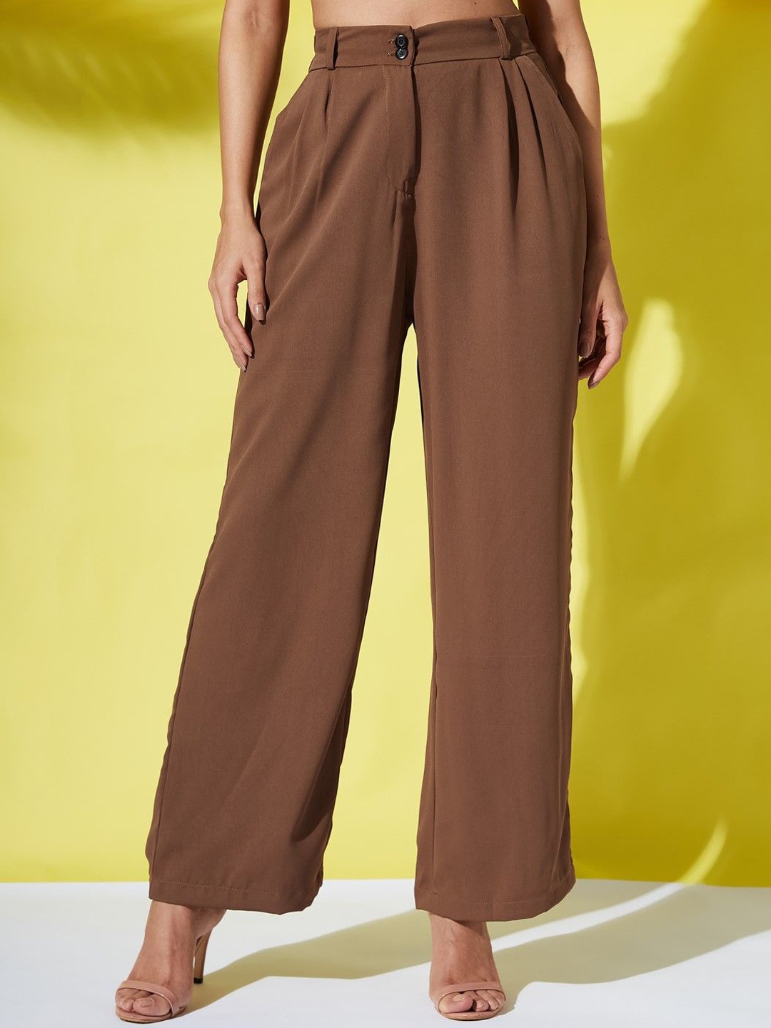 

CORSICA Women Loose Fit High-Rise Pleated Trousers, Brown