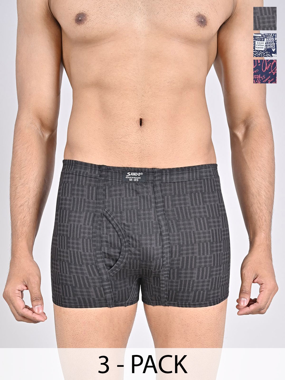 

SANDO Pack Of 3 Printed Pure Cotton Trunks GENIUS-03-05-09, Navy blue