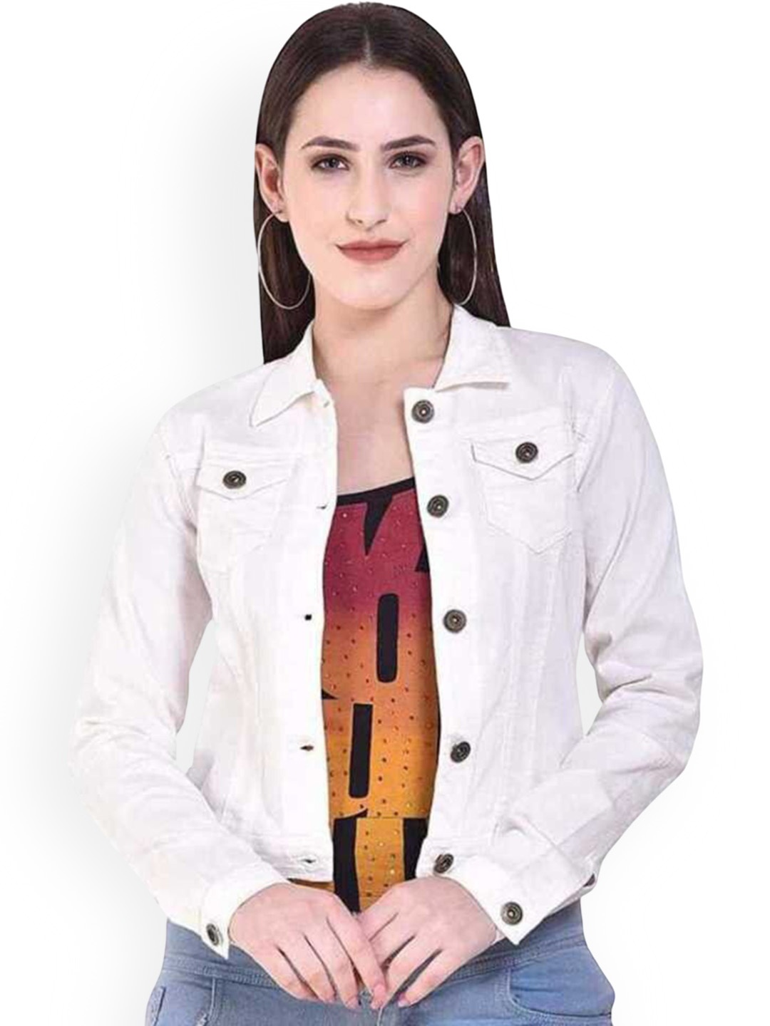 

KASHIAN Women Spread Collar Solid Casual Denim Jacket, White