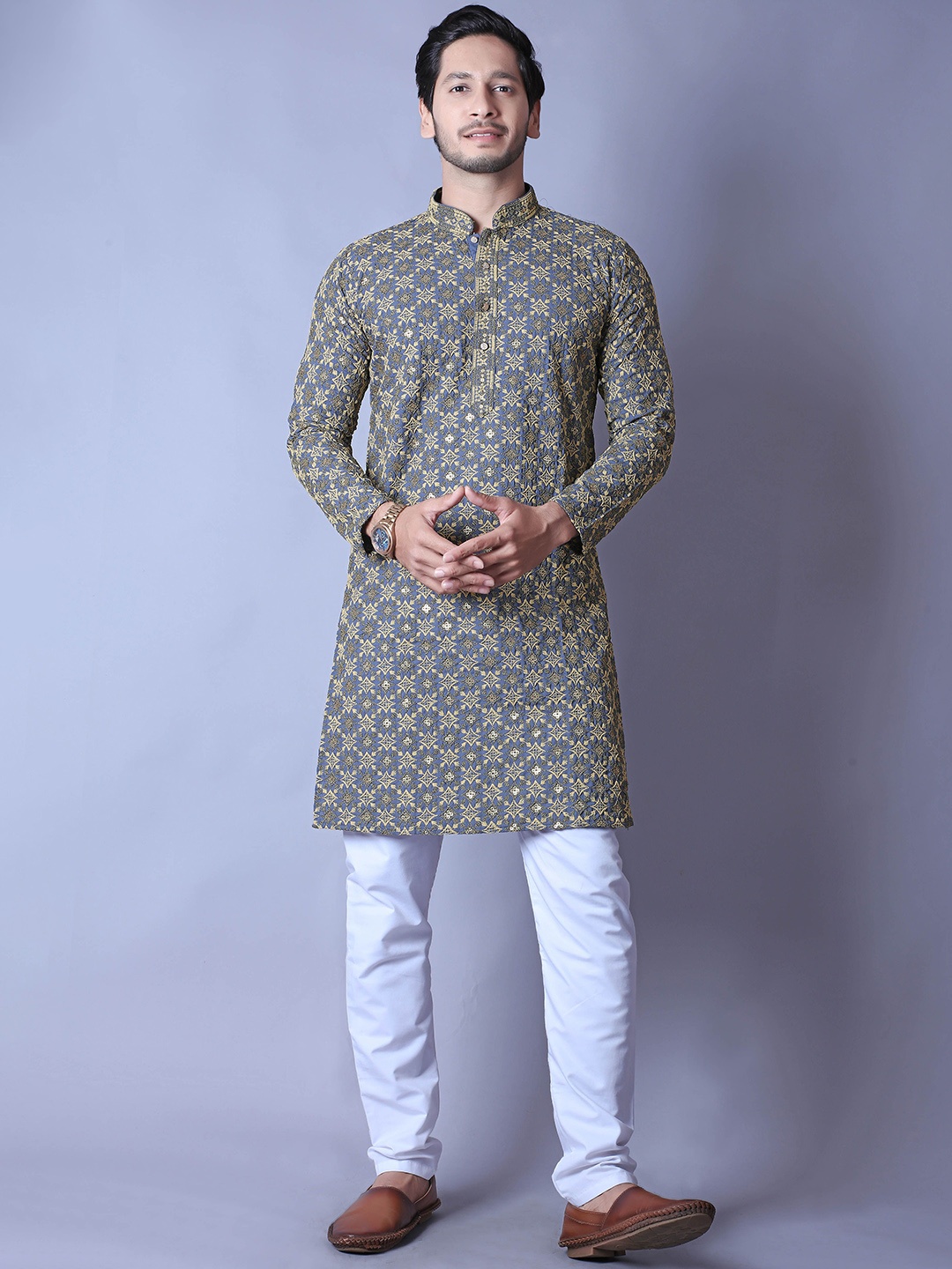 

ALMORA Ethnic Motifs Printed Band Collar Straight Pure Cotton Kurta with Pyjamas, Lavender