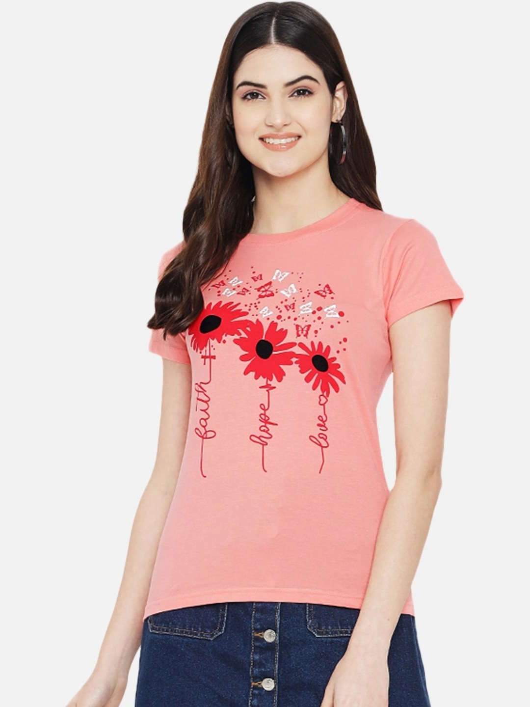 

Tromko Women Typography Printed Round Neck Regular Fit Cotton T-shirt, Peach