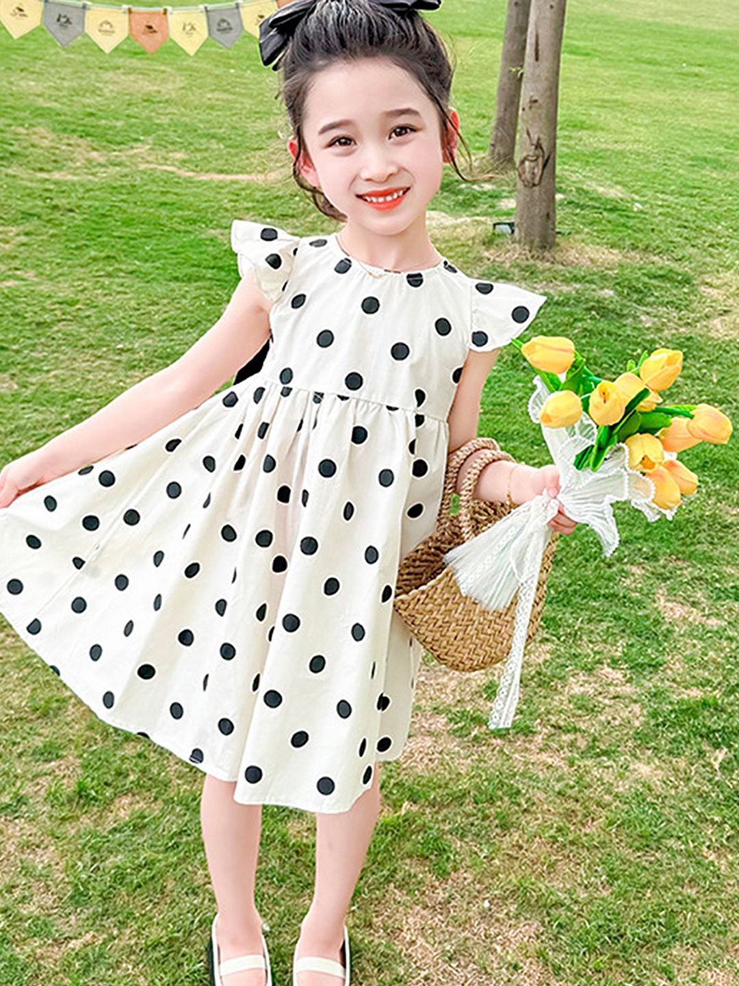 

LULU & SKY Girl Polka Dot Printed Flutter Sleeve Empire Dress, White
