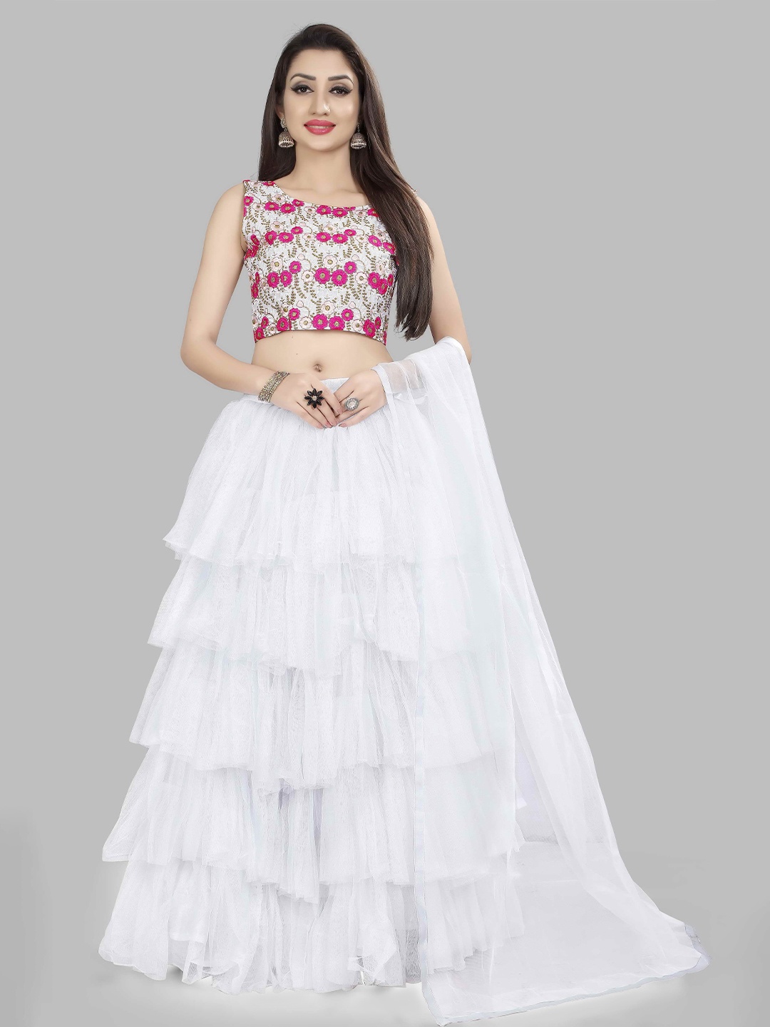 

DIVASTRI Embroidered Semi-Stitched Lehenga & Unstitched Blouse With Dupatta, White