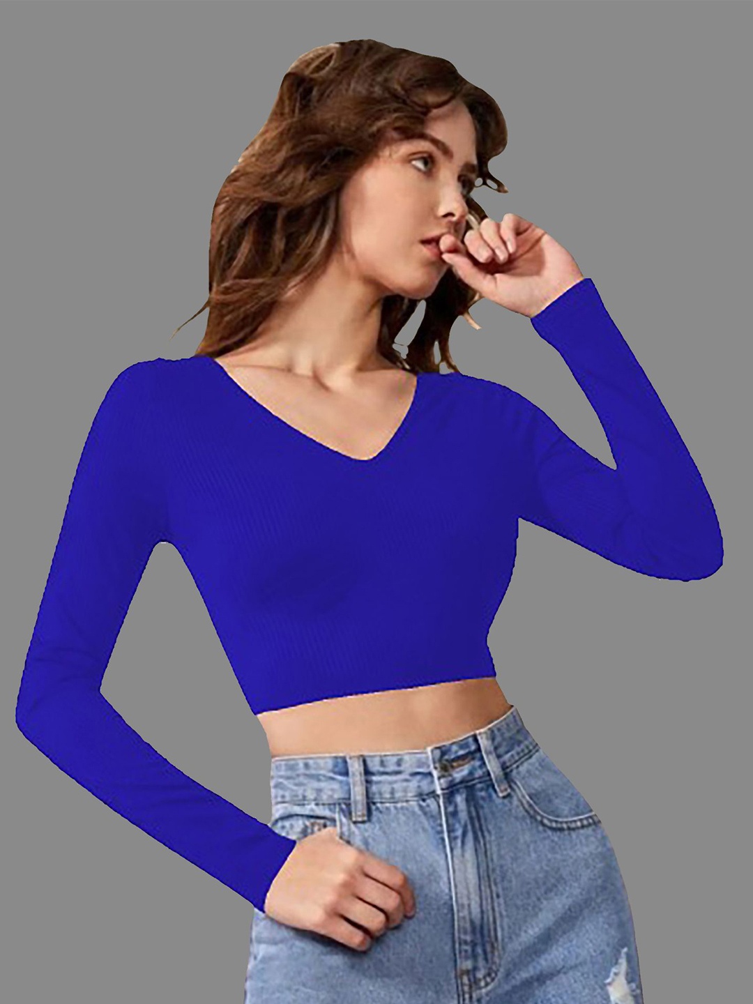 

Dream Beauty Fashion Women Ribbed V Neck Long Sleeves Crop Fitted Top, Blue