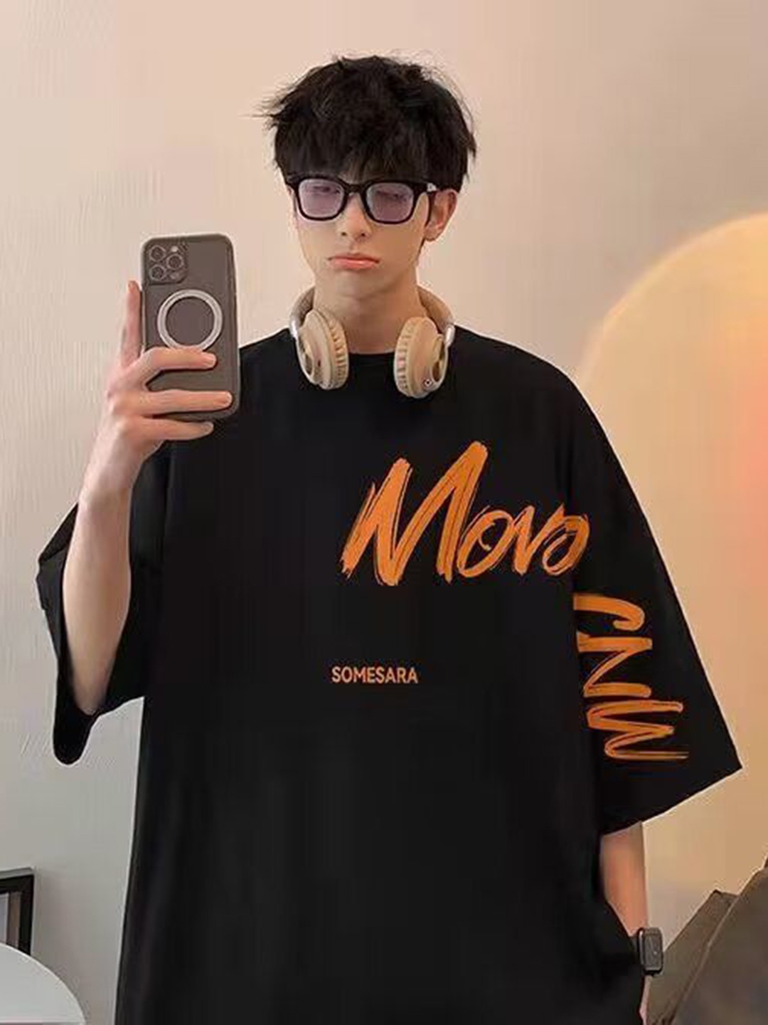 

HERE&NOW Men Typography Printed Round Neck Cotton Oversized T-shirt, Black