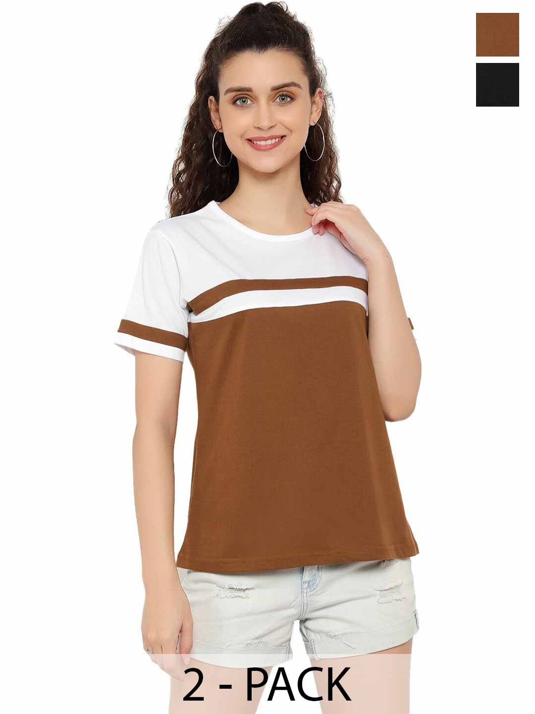 

DEEPMAYRA COLLECTION Women Pack Of 2 Colourblocked Round Neck Cotton T-shirts, Multi
