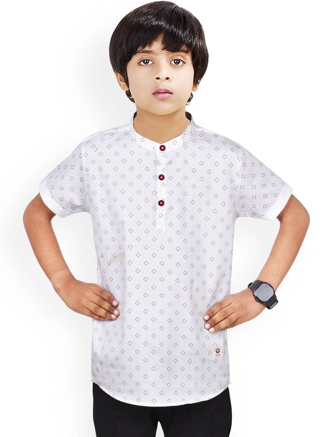 

MADE IN THE SHADE Boys Geometric Printed Band Collar Cotton Straight Kurta, White