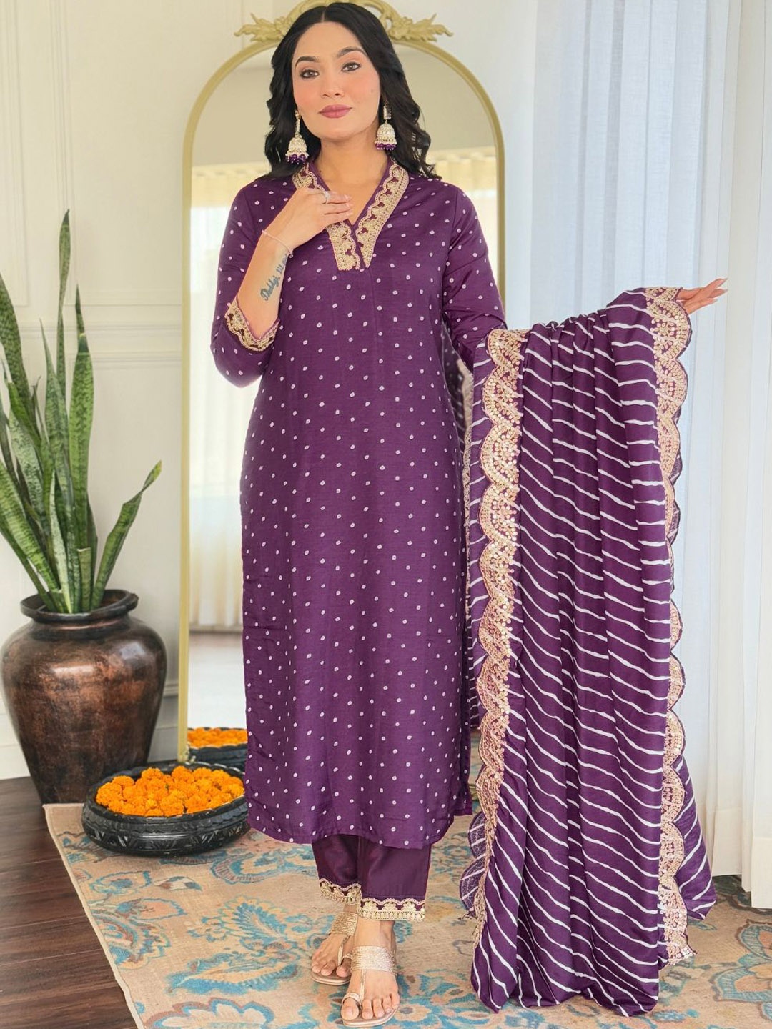 

KALINI Bandhani Printed Embroidered V Neck Kurta With Trousers & Dupatta, Purple