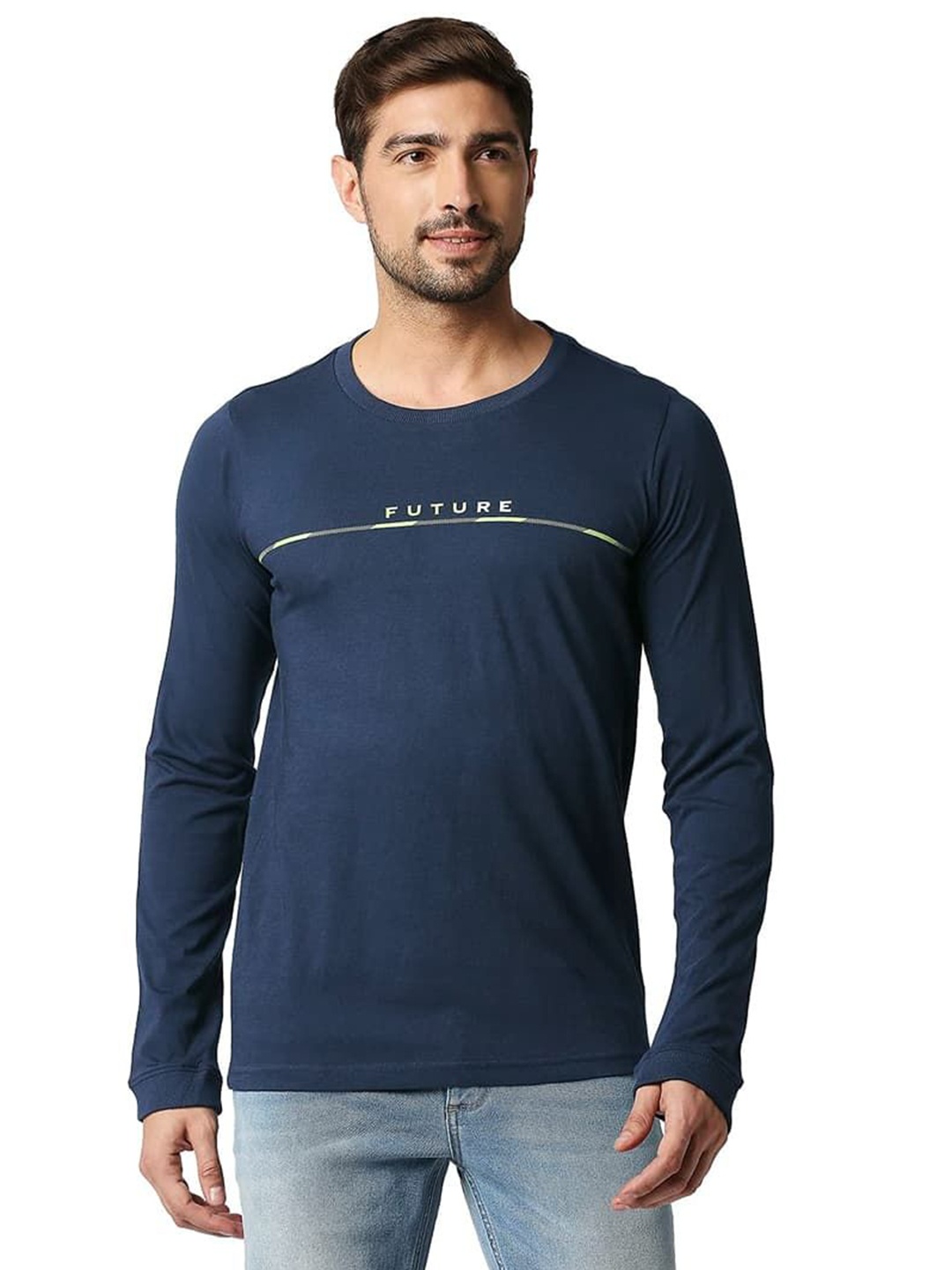 

Basics Men Typography Printed Round Neck Cotton T-shirt, Navy blue