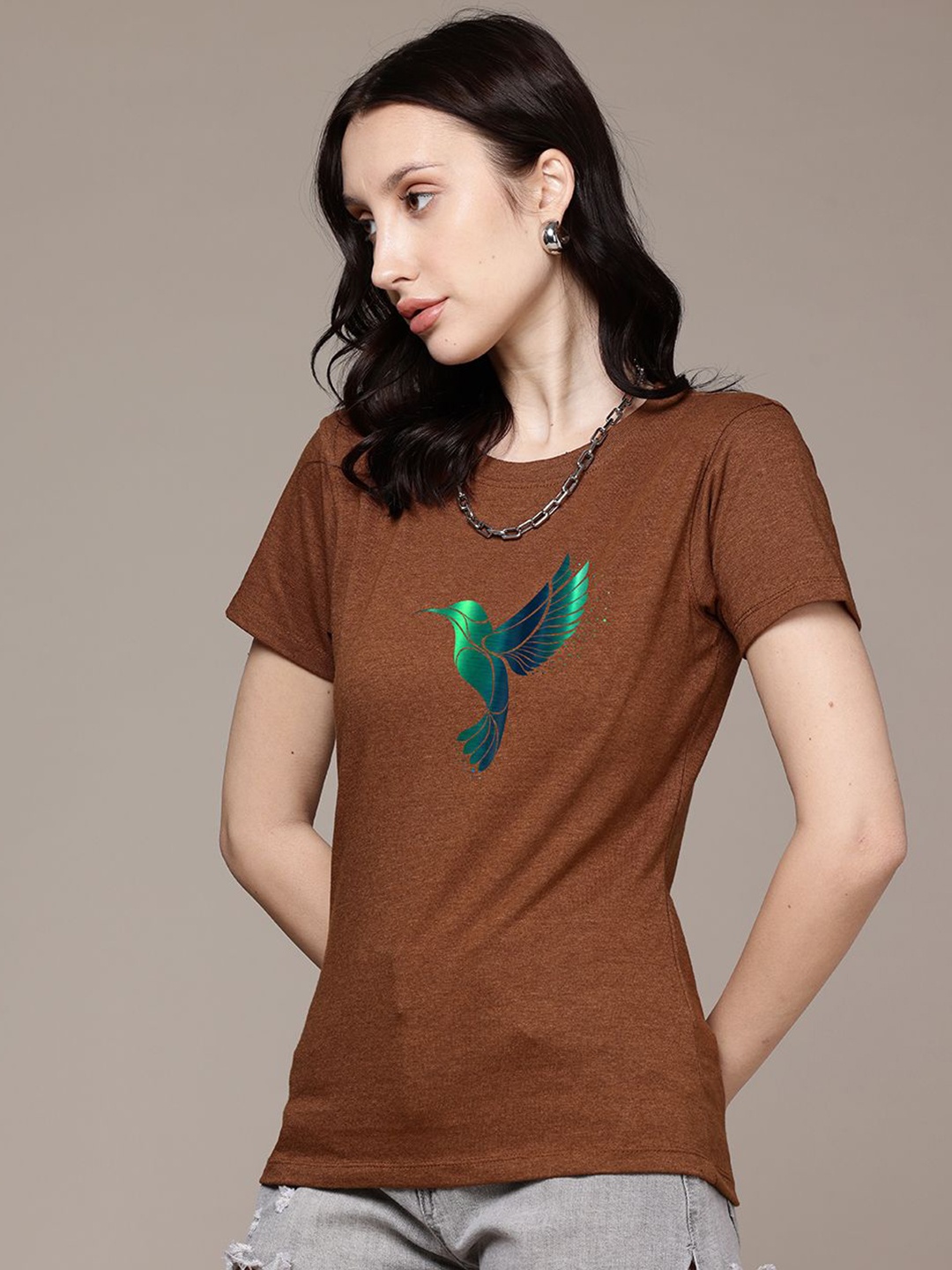 

Moda Rapido Women Graphic Printed Round Neck Regular Fit Cotton T-shirt, Brown