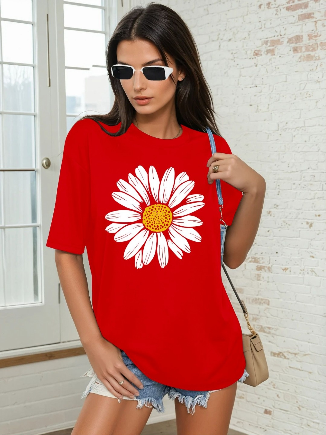 

CORSICA Women Floral Printed Round Neck Oversized T-shirt, Red