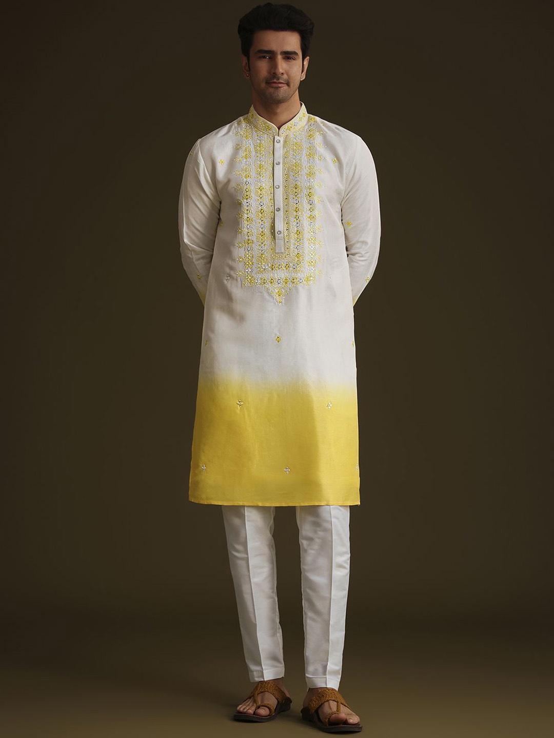 

KALKI Fashion Floral Embroidered Mirror Work Kurta With Trouser, Yellow