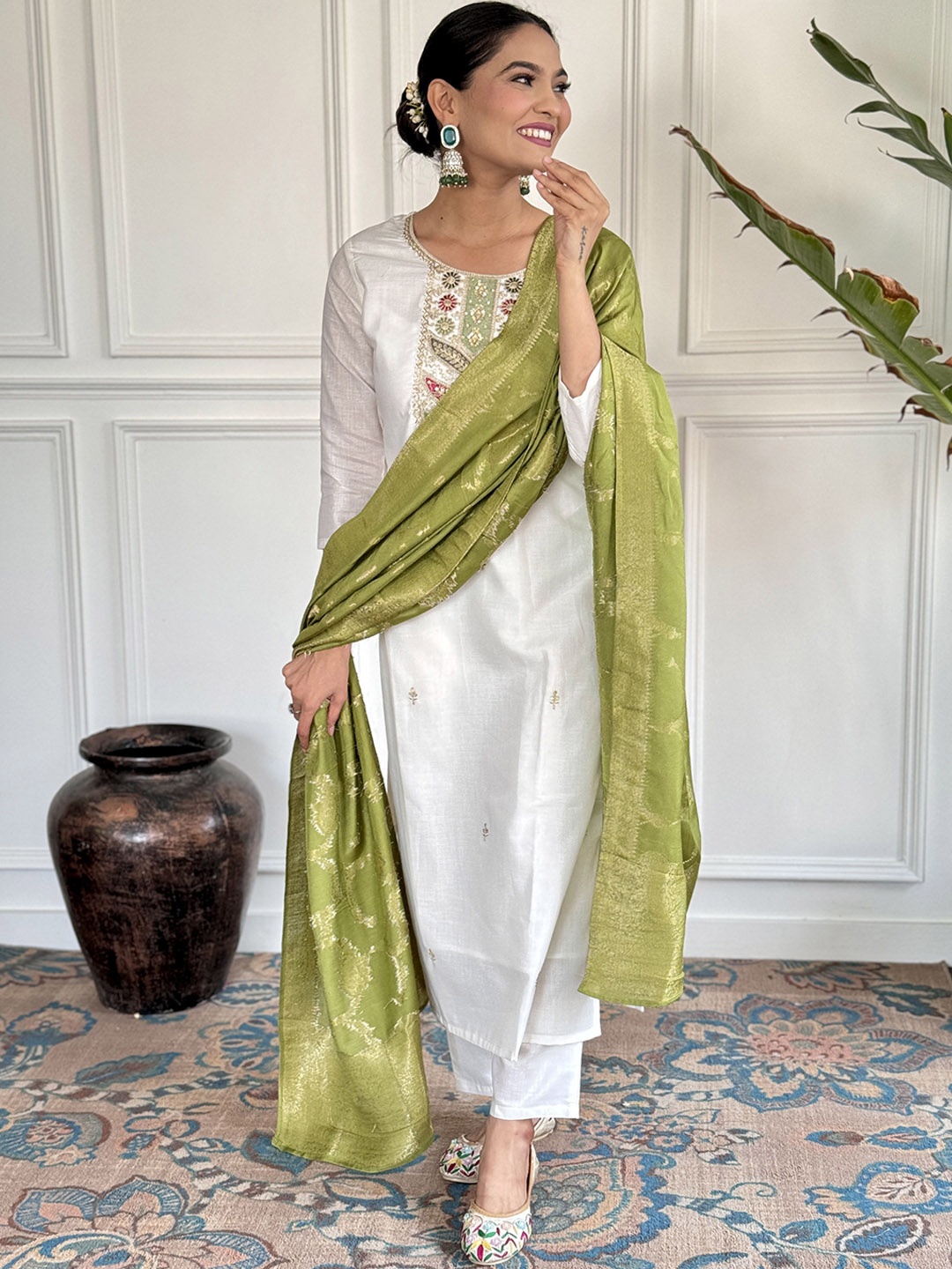 

KALINI Sequinnce Embellished Round Neck Kurta With Trousers & Dupatta, Green