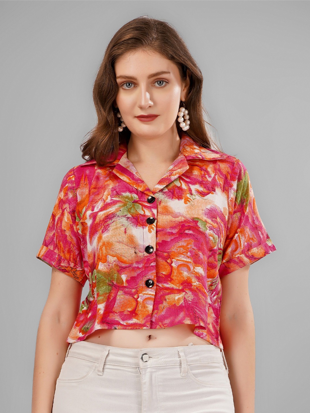 

Milastru Cotton Printed Party Crop Shirt, Red