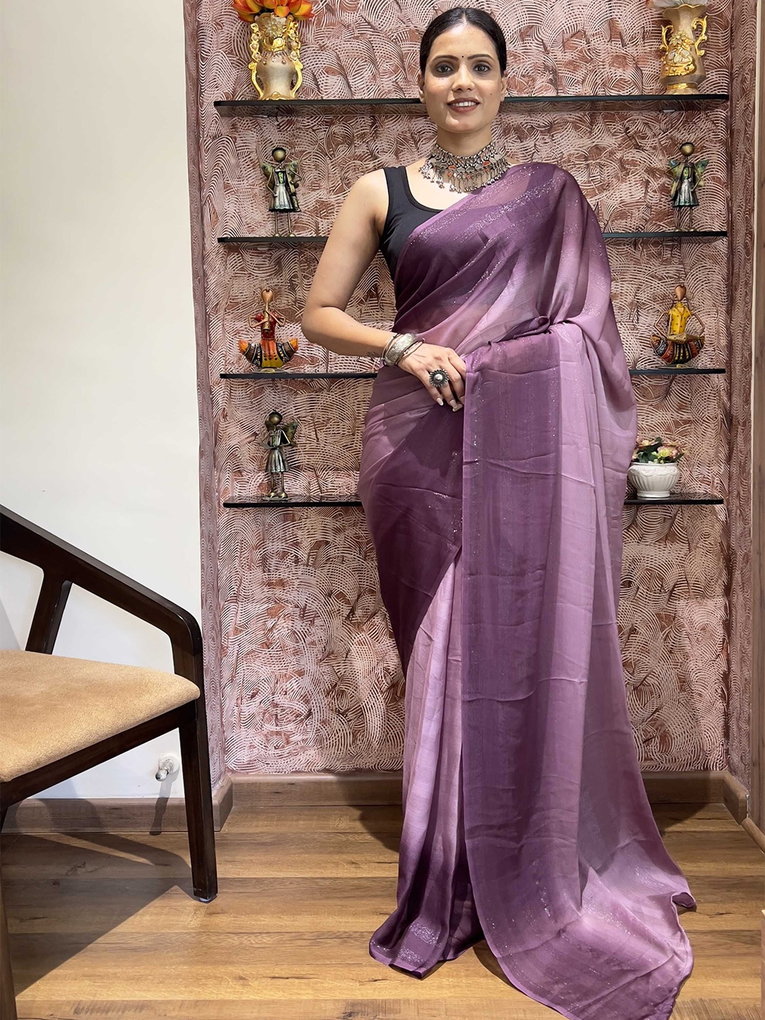 

DIVASTRI Ombre Poly Georgette Ready to Wear Saree, Purple