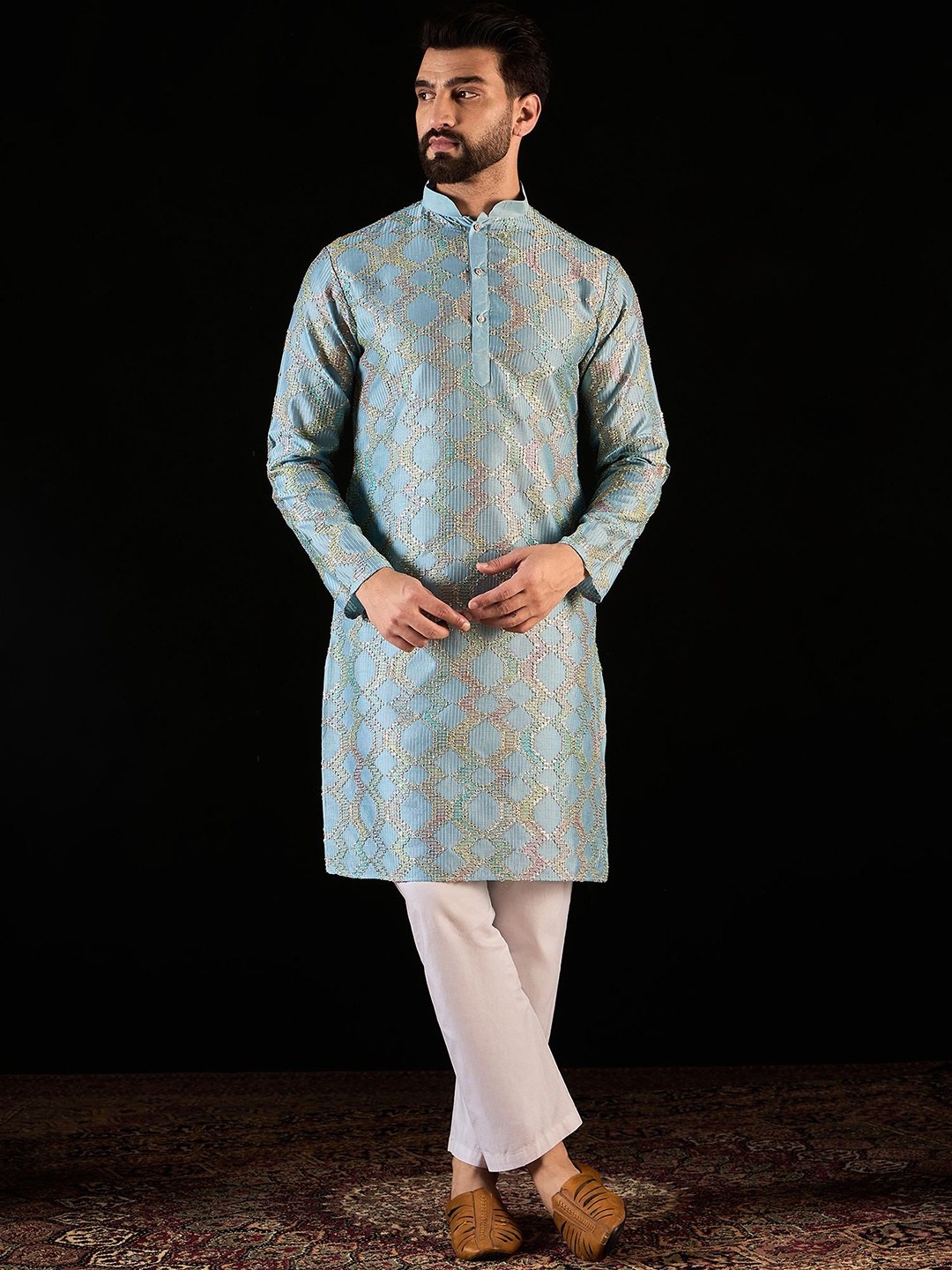 

Anouk Teal Blue Geometric Embroidered Mandarin Collar Sequinned Pure Silk Straight kurta