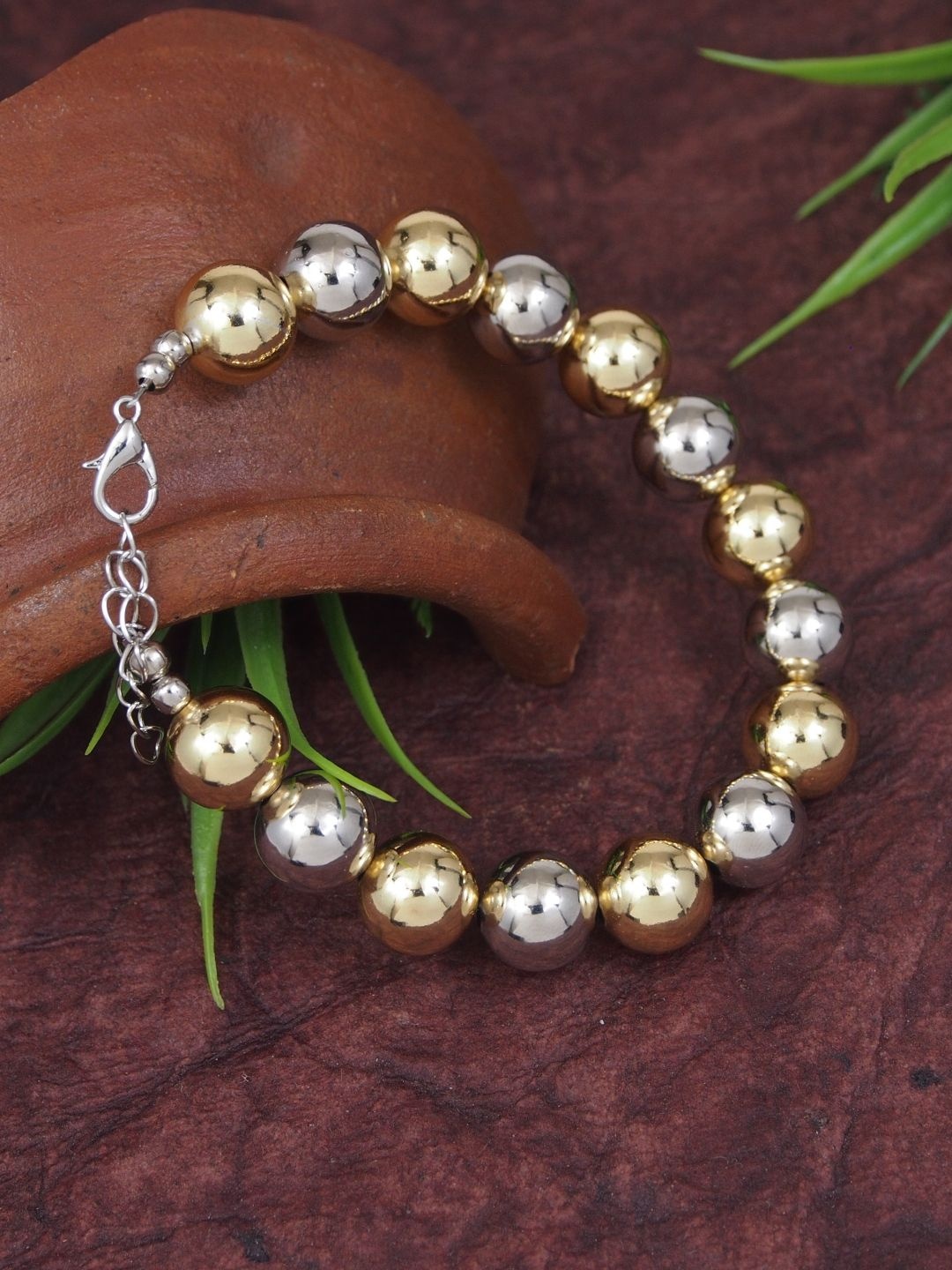 

V FASHION JEWELLERY Gold-Plated Stainless Steel Artificial Beads Beaded Link Bracelet
