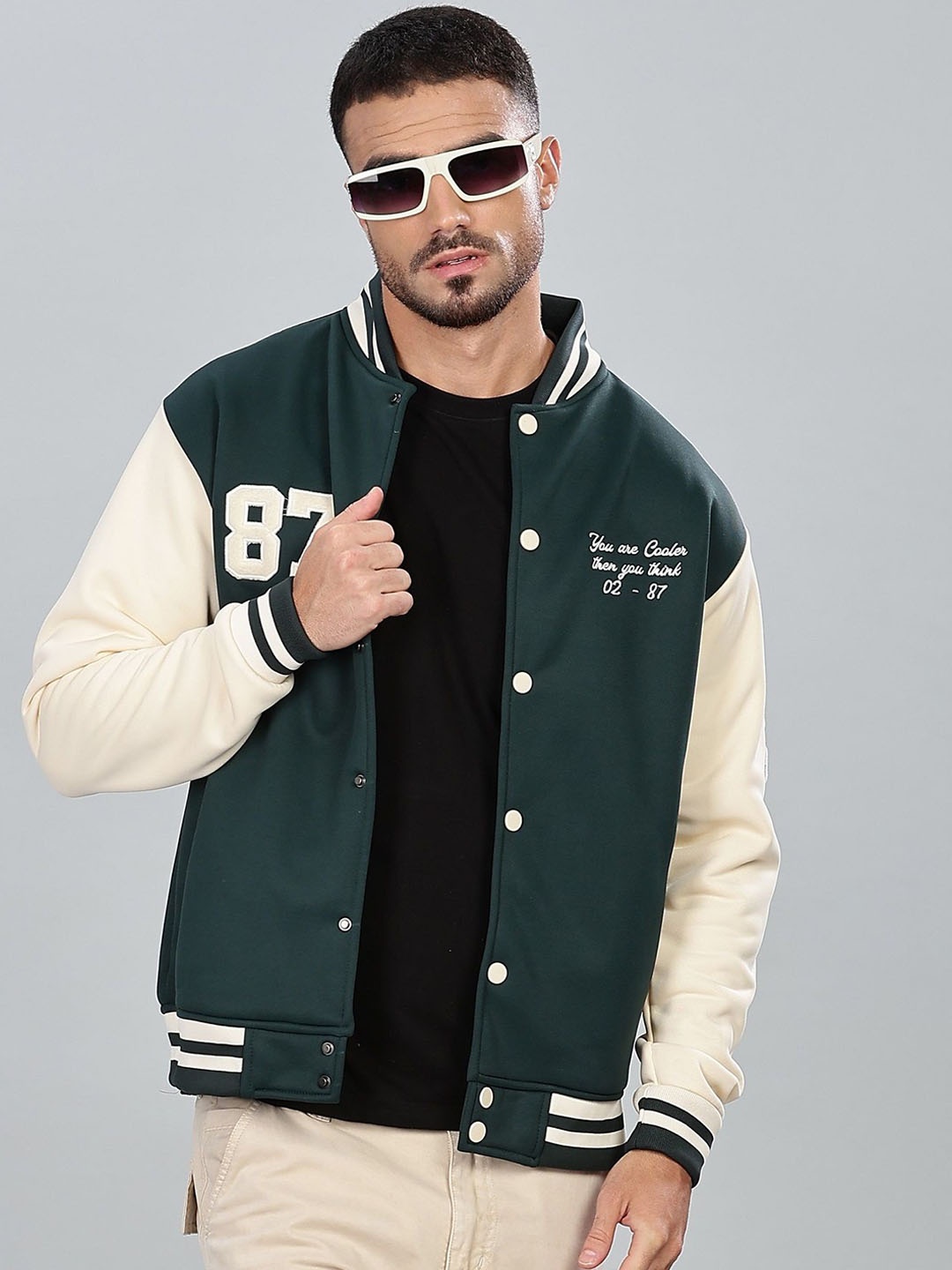 

COLOR HUNT Men Typography Varsity Jacket with Embroidered, Green