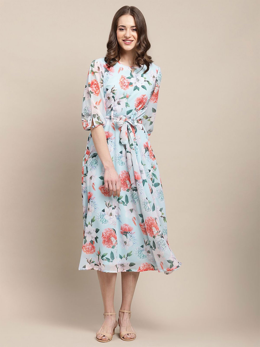 

Tromko Women Floral Print Georgette Fit & Flare Midi Dress, Sea green